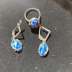 Sterling Lapis Stone Handmade Ring and Earrings Set